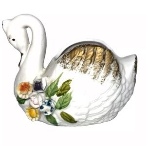Swan Planter Applied Flower Bouquet Porcelain Gold Gilt Mid Century Modern